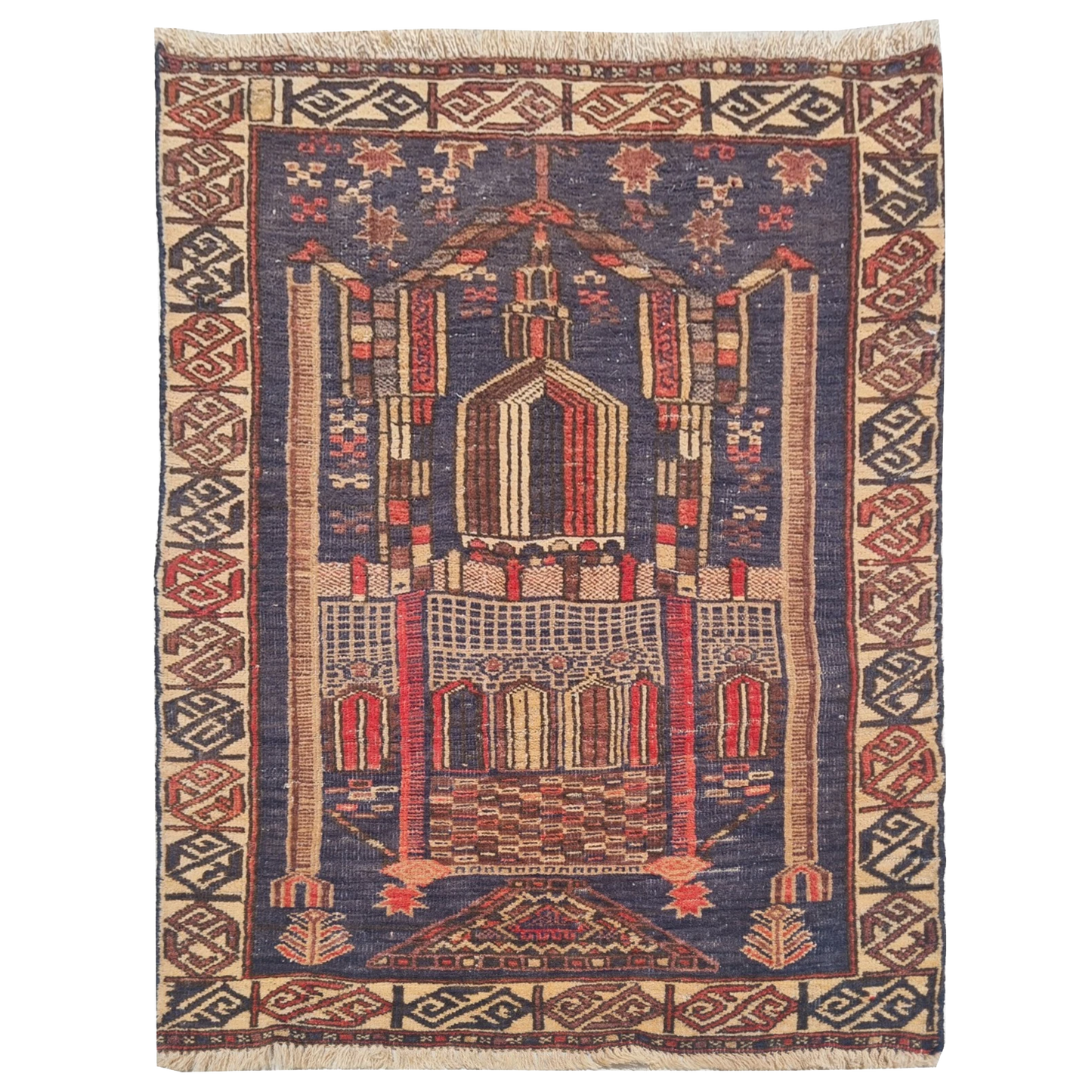 Vintage Hand-Knotted Afghan Temani Prayer Rug 4'0" x 2'4"