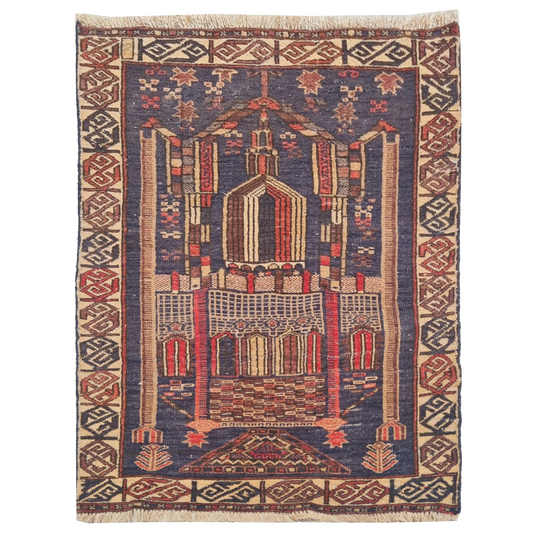 Vintage Hand-Knotted Afghan Temani Prayer Rug 4'0" x 2'4"