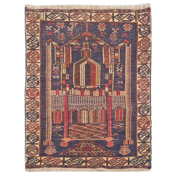 Vintage Hand-Knotted Afghan Temani Prayer Rug 4'0" x 2'4"
