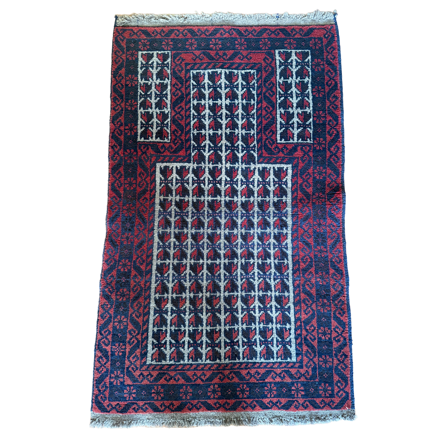 Vintage Hand-Knotted Afghan Baluchi Prayer Rug 2'9" x 4'9"