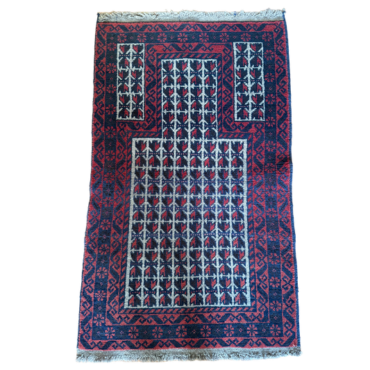 Vintage Hand-Knotted Afghan Baluchi Prayer Rug 2'9" x 4'9"