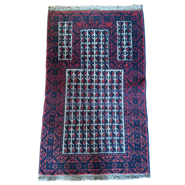 Vintage Hand-Knotted Afghan Baluchi Prayer Rug 2'9" x 4'9"