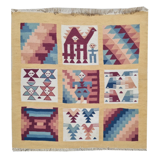 Vintage Hand-Woven Tunisian Pictorial Kilim 3'6" x 3'4"