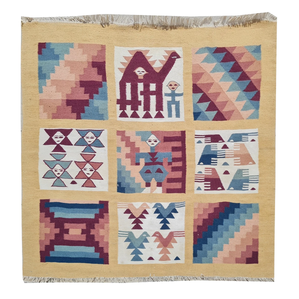 Vintage Hand-Woven Tunisian Pictorial Kilim 3'6" x 3'4"